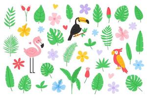 mignonne tropical été exotique éléments. paume et banane feuilles, fleurs, oiseau de paradis, hibiscus, toucan, flamant, perroquet. jungle icône ensemble. plat illustration vecteur