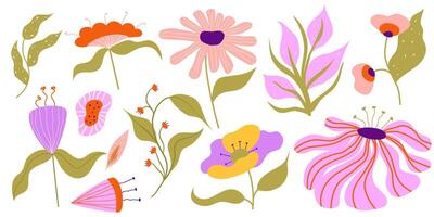 ensemble de divers esthétique flore isolé. fleurs et feuilles doux pastel. plat illustration. esthétique main tiré biologique plante violet et rose couleur. vecteur