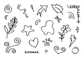 feuilles, cœurs, abstrait, rubans, flèches et autre éléments dans main tiré modes pour concept conceptions. griffonnage illustration. modèle pour décoration vecteur