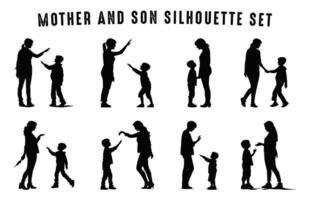 maman et fils noir silhouette empaqueter, mère et enfant silhouettes ensemble vecteur