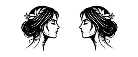 femme tête silhouette, visage profil, vignette. main tiré illustration, isolé sur blanc Contexte. conception pour invitation, salutation carte, ancien style. vecteur