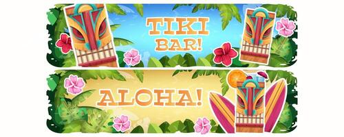 bannières avec traditionnel en bois tribal masque, tropical Hawaii exotique les plantes et fleurs. invitation affiches pour hawaïen aloha fête avec tiki bar sur blanc Contexte. dessin animé illustration. vecteur