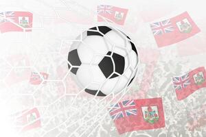 nationale Football équipe de Bermudes marqué but. Balle dans objectif filet, tandis que Football partisans sont agitant le Bermudes drapeau dans le Contexte. vecteur