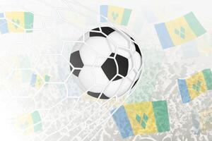 nationale Football équipe de Saint Vincent et le grenadines marqué but. Balle dans objectif filet, tandis que Football partisans sont agitant le Saint Vincent et le grenadines drapeau dans le Contexte. vecteur