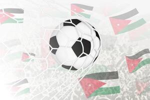 nationale Football équipe de Jordan marqué but. Balle dans objectif filet, tandis que Football partisans sont agitant le Jordan drapeau dans le Contexte. vecteur