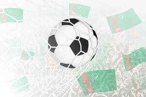 nationale Football équipe de turkménistan marqué but. Balle dans objectif filet, tandis que Football partisans sont agitant le turkménistan drapeau dans le Contexte. vecteur