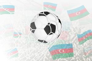 nationale Football équipe de Azerbaïdjan marqué but. Balle dans objectif filet, tandis que Football partisans sont agitant le Azerbaïdjan drapeau dans le Contexte. vecteur