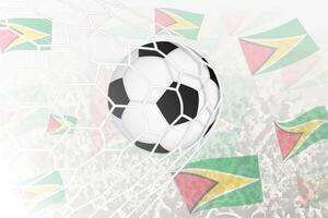 nationale Football équipe de Guyane marqué but. Balle dans objectif filet, tandis que Football partisans sont agitant le Guyane drapeau dans le Contexte. vecteur