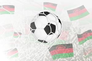 nationale Football équipe de Malawi marqué but. Balle dans objectif filet, tandis que Football partisans sont agitant le Malawi drapeau dans le Contexte. vecteur