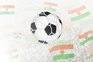 nationale Football équipe de Niger marqué but. Balle dans objectif filet, tandis que Football partisans sont agitant le Niger drapeau dans le Contexte. vecteur