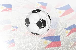 nationale Football équipe de philippines marqué but. Balle dans objectif filet, tandis que Football partisans sont agitant le philippines drapeau dans le Contexte. vecteur