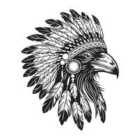corbeau tête portant traditionnel Indien plume coiffure, noir et blanc illustration, vecteur