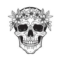 crâne dans fleur couronne, main tiré monochrome illustration, coloration page vecteur