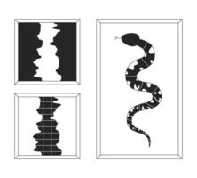 décoratif peintures dans cadres noir et blanc 2d ligne dessin animé objets ensemble. images de serpent et lacunes isolé contour articles collection. intérieur conception monochromatique plat place des illustrations vecteur