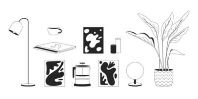 Provisions pour Accueil intérieur conception noir et blanc 2d ligne dessin animé objets ensemble. national accessoires isolé contour articles collection. maison conception monochromatique plat place des illustrations vecteur