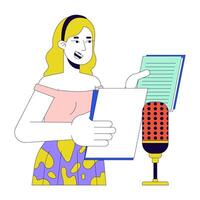 blond femme voix off artiste 2d linéaire dessin animé personnage. caucasien femelle voix acteur isolé ligne la personne blanc Contexte. microphone parler. doublage un service Couleur plat place illustration vecteur