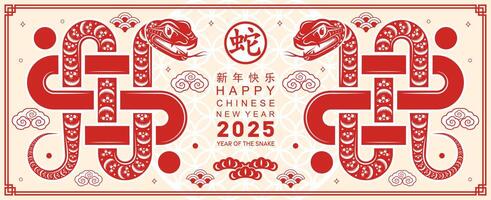 content chinois Nouveau année 2025 le serpent zodiaque signe avec fleur, lanterne, asiatique éléments rouge papier Couper style sur Couleur Contexte. vecteur