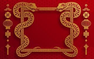 content chinois Nouveau année 2025 le serpent zodiaque signe avec fleur, lanterne, asiatique éléments rouge papier Couper style sur Couleur Contexte. vecteur