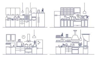 ensemble de cuisines meublé avec moderne meubles, Ménage appareils électroménagers, cuisine installations et Accueil décorations. paquet de confortable intérieurs tiré dans ligne art style. monochrome illustration. vecteur