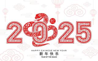 content chinois Nouveau année 2025 le serpent zodiaque signe avec fleur, lanterne, asiatique éléments rouge papier Couper style sur Couleur Contexte. vecteur