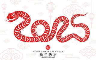 content chinois Nouveau année 2025 le serpent zodiaque signe avec fleur, lanterne, asiatique éléments rouge papier Couper style sur Couleur Contexte. vecteur