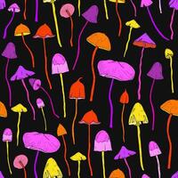 brillant coloré sans couture modèle avec main tiré psilocybine ou hallucinogène la magie champignons sur noir Contexte. Naturel illustration dans acide couleurs pour textile imprimer, toile de fond, fond d'écran. vecteur