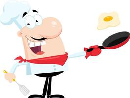 content chef homme dessin animé personnage en portant une friture la poêle avec Oeuf vecteur