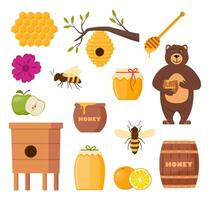 apiculture ensemble. apiculteur personnage, ruche, abeille, nids d'abeilles, mon chéri pot, louche, baril fleurs. en bonne santé sucré sirop. apiculture cultiver. mon chéri abeille agriculture entreprise. illustration. vecteur