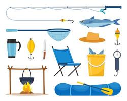 équipement et outils pour pêche. pêche canne à pêche, flotter, gonflable caoutchouc bateau, atterrissage filet, les pêcheurs vêtements, accrocher, poisson, chapeau, lampe de poche, bottes. Extérieur activité, des loisirs, passe-temps. illustration. vecteur