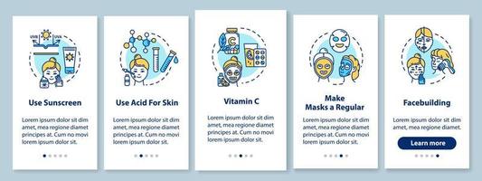 Écran de page d'application mobile d'intégration de skicare avec des concepts. renforcement du visage, masques faciaux réguliers. Procédure pas à pas en cosmétologie Instructions graphiques en 5 étapes. modèle vectoriel d'interface utilisateur avec des illustrations en couleur rvb