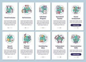 écran de page d'application mobile d'intégration de programme inclus avec ensemble de concepts. thérapie et éducation pour les personnes handicapées étapes pas à pas instructions graphiques. modèle vectoriel d'interface utilisateur avec des illustrations en couleur rvb
