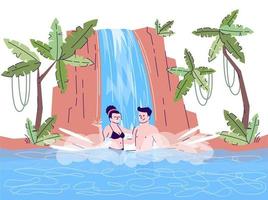 couple nageant dans l'illustration plate de doodle de cascade. touristes dans la piscine chaude naturelle. vacances en pays tropical. personnage de dessin animé 2d de tourisme indonésien avec contour à usage commercial vecteur