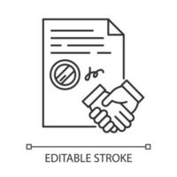conclusion de l'icône linéaire parfaite de pixel de contrat. accord juridique. Contrat d'affaire. Partenariat. illustration personnalisable de fine ligne. symbole de contour. dessin de contour isolé de vecteur. trait modifiable vecteur
