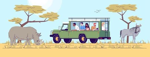 illustration de doodle plat safari tour. personnes observant des animaux sauvages depuis une camionnette dans le désert. parc de conservation de la faune. personnage de dessin animé 2d de tourisme indonésien avec contour à usage commercial vecteur