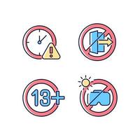 Jeu d'icônes d'étiquettes manuelles couleur rvb utilisation du casque vr. âge requis et restrictions. illustrations vectorielles isolées. dessin au trait simple rempli pour la collection d'instructions d'utilisation du produit vecteur