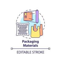 icône de concept de matériaux d'emballage. illustration de la ligne mince de la gestion des déchets idée abstraite. recyclage des sachets en plastique. retraitement des matériaux d'emballage. dessin de couleur de contour isolé de vecteur. trait modifiable vecteur