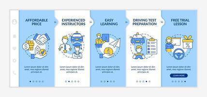 modèle vectoriel d'intégration des avantages de l'école de conduite. site Web mobile réactif avec des icônes. page Web pas à pas, écrans en 5 étapes. concept de couleur des avantages de l'éducation du conducteur avec des illustrations linéaires