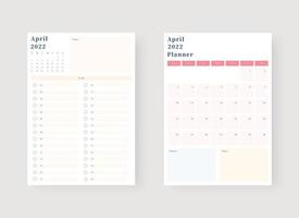 ensemble de modèles de planificateur d'avril 2022. ensemble de planificateur et liste de choses à faire. modèle de planificateur mensuel, hebdomadaire et quotidien. illustration vectorielle. vecteur