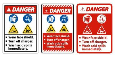 panneau d'avertissement porter un écran facial, éteindre le chargeur, laver immédiatement les déversements d'acide vecteur