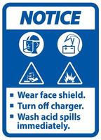 panneau d'avertissement porter un écran facial, éteindre le chargeur, laver immédiatement les déversements d'acide vecteur