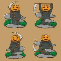 ensemble d'illustrations vectorielles effrayantes de jack o lantern icon portant une faux quand il fait brumeux. jack o lantern masqué. effrayant, halloween, caractère, concept, prime, icône. style cartoon plat vecteur