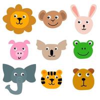 visages de dessin animé d'animaux de zoo dans un style plat isolé sur fond blanc. avatars d'animaux. lion et tigre, singe et lapin, cochon et koala, éléphant et ours, grenouille. vecteur