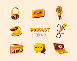 pack d'autocollants d'éléments de podcast vecteur