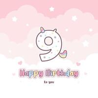 neuvième anniversaire salutation carte avec mignonne Licorne nombre vecteur