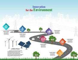 chronologie infographique de modèle vectoriel des opérations commerciales avec des drapeaux et des espaces réservés sur les routes courbes. l'innovation, pour l'environnement et la société une ville qui peut vivre ensemble. symboles, étapes pour réussir