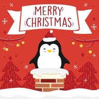 pingouin dessin animé cheminée joyeux noël ruban bannière noël vecteur rouge
