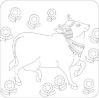 vache sacrée dans l'art populaire traditionnel indien kalamkari sur tissus en lin. il peut être utilisé pour un livre de coloriage, des impressions sur tissu textile, un étui pour téléphone, une carte de voeux. logo, calendrier vecteur