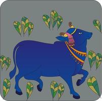 vache sacrée dans l'art populaire traditionnel indien kalamkari sur tissus en lin. il peut être utilisé pour un livre de coloriage, des impressions sur tissu textile, un étui pour téléphone, une carte de voeux. logo, calendrier vecteur