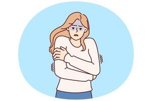 gelé femme étreindre épaules en essayant à garder chaud et sentiment frissons après contrat grippe vecteur