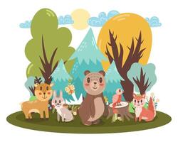 mignonne illustration avec différent Renard animaux dans plat style - ours, lièvre, cerf, oiseau, écureuil. enfants scène. vecteur